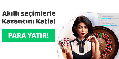 Rulet masası önünde kart tutan bir kadının yer aldığı para yatırma çağrılı tanıtım görseli